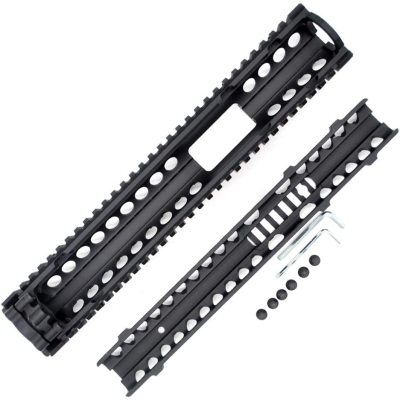 TRIROCK Two-Pieces Design 12.7 inch Drop-in Quad Rail Black handguard for MK18 Rifle Interface System for Fitting .223 Cal. Allows Space for Front Triangle Sight