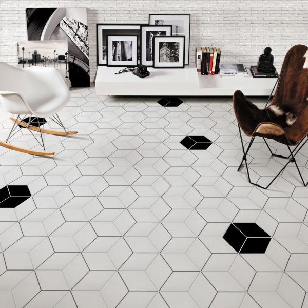 Black and white decorative hexagonal terracotta paving tiles suitable for wall and floor