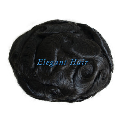 Elegant Hair mono base with PU around and lace front  #1B color toupee