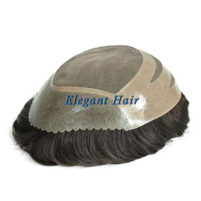 Elegant Hair Fine Mono with PU Perimeter and Cut SCALLOP Design Stock Toupee Hair Piece