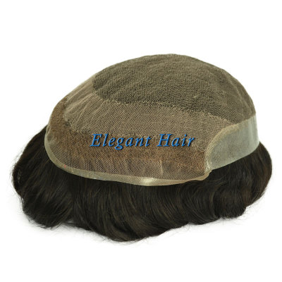 Elegant Hair swiss Lace with 1'' PU Back and Sides Double Layer Lace Front Men's Hairpieces