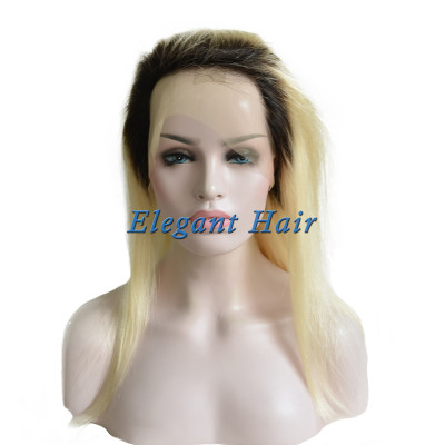 100% Remy Human Hair Straight Ombre Blonde Natural Front Full Lace Wig for Lady