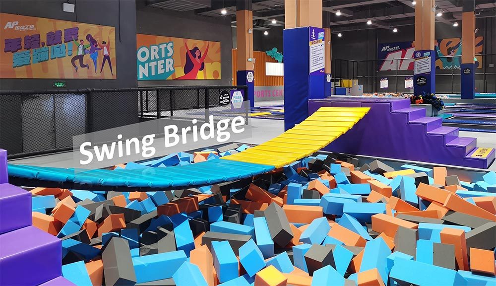 Family entertainment center trampoline park swing bridge