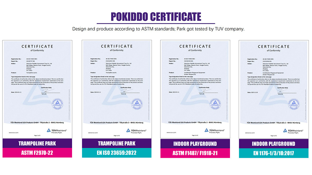Pokiddo Indoor Trampoline Park ASTM TUV Certificates
