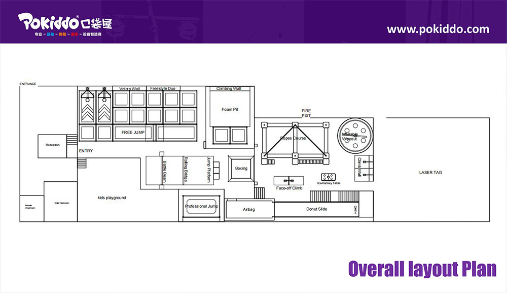 1000sqm Commercial Indoor Adventure Amusement Trampoline Park layout plan