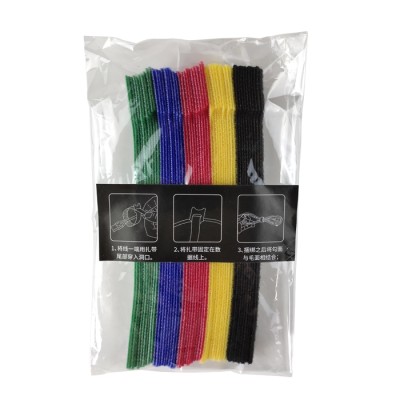 Rip-tie colored hook and loop cable tie with writable label without buckle