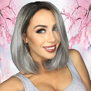 12inch Middle Part 1b Silver Grey Peruvian Human Hair Short Bob Wigs With Full Ending