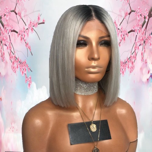 12inch Middle Part 1b Silver Grey Peruvian Human Hair Short Bob Wigs With Full Ending