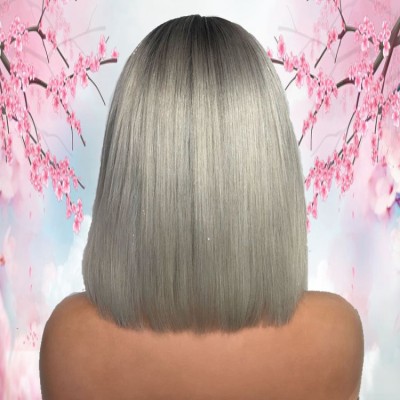 12inch Middle Part 1b Silver Grey Peruvian Human Hair Short Bob Wigs With Full Ending