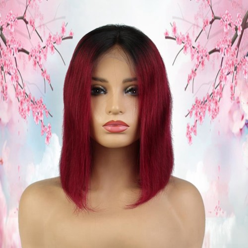 Wholesale 100% virgin 1b 99j ombre silky straight wave 8-14inch short bob full lace human hair wig