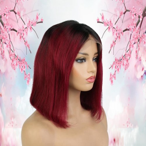 Wholesale 100% virgin 1b 99j ombre silky straight wave 8-14inch short bob full lace human hair wig