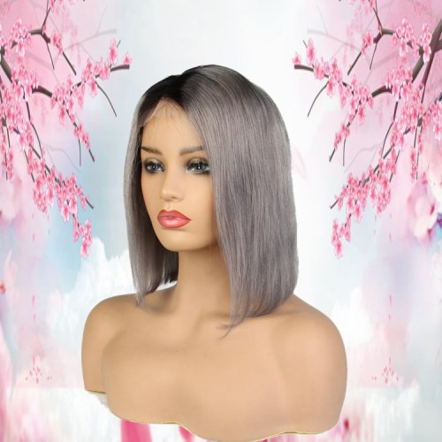 12inch Middle Part 1b Silver Grey Peruvian Human Hair Short Bob Wigs With Full Ending