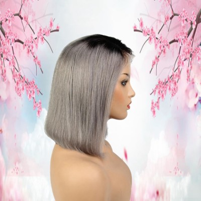 12inch Middle Part 1b Silver Grey Peruvian Human Hair Short Bob Wigs With Full Ending