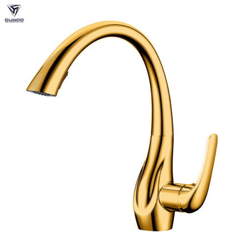 OUBAO Gold Kitchen Faucet with Pull Down Sprayer Gooseneck