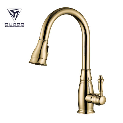 OUBAO Gold Kitchen Sink Faucet With Healthy Copper Waterway And Long Reach Flexible Hose