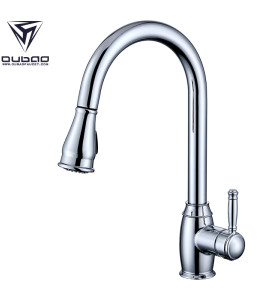 OUBAO Kitchen Sink Water Faucet With Sprayer Long Neck Bridge Style