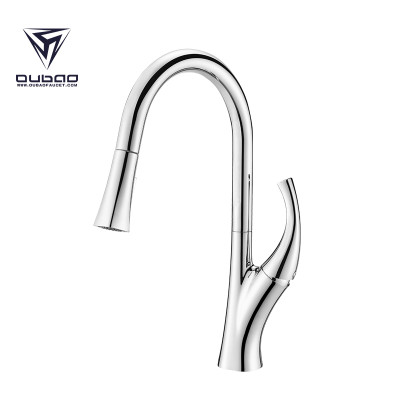 OUBAO Chrome Brass Pull Down Kitchen Faucet With Sprayer