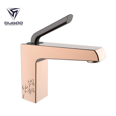 OUBAO Bathroom Sink Mixer Taps Rose Gold with Black Handle