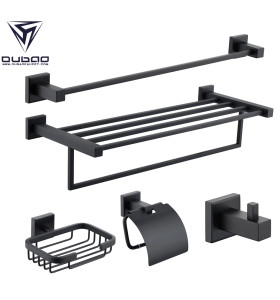 OUBAO Matte Black Bathroom Accessories Set with Towel Rack Holder and Toilet Roll Holder