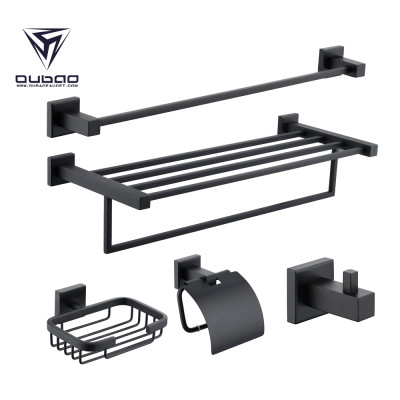 OUBAO Matte Black Bathroom Accessories Set with Towel Rack Holder and Toilet Roll Holder