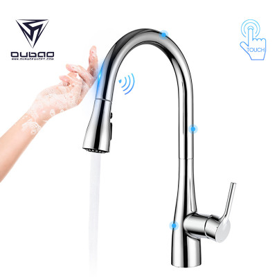 OUBAO Pull Out Kitchen Sink Faucet Taps Cool Black And Chrome Touchless Retractable
