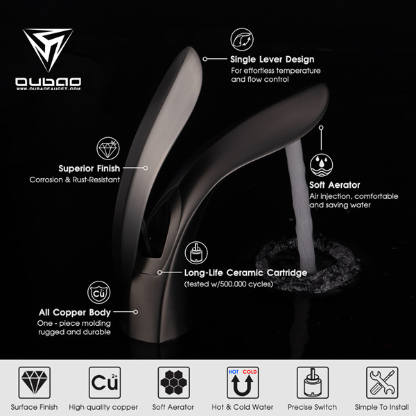 OUBAO single handle bathroom faucets have an all copper body and metal handle lever.