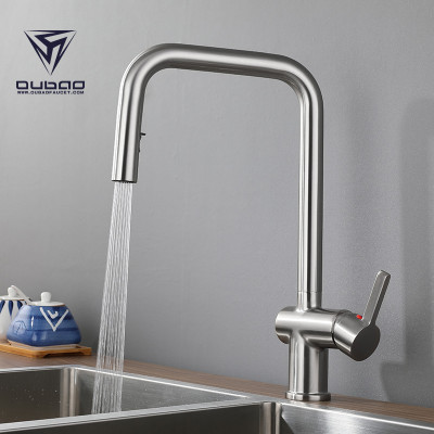 OUBAO Pull Out Kitchen Sink Faucet with Sprayer Single Handle Brushed Nickel