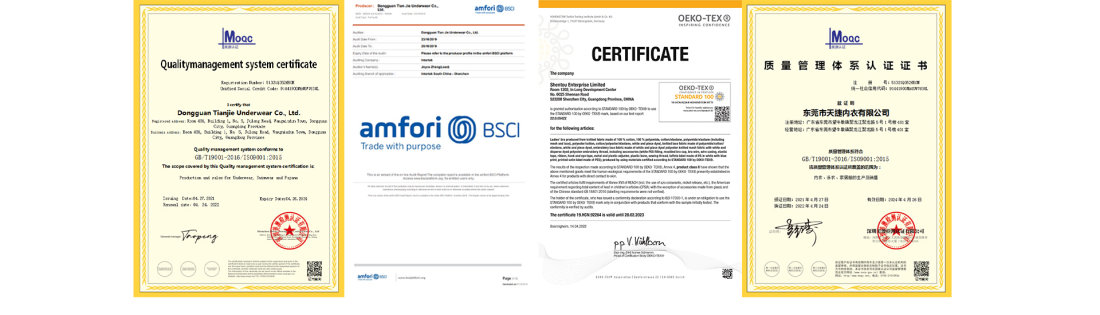 BSCI, ISO and OEKO-TEX certificates on the factory wall