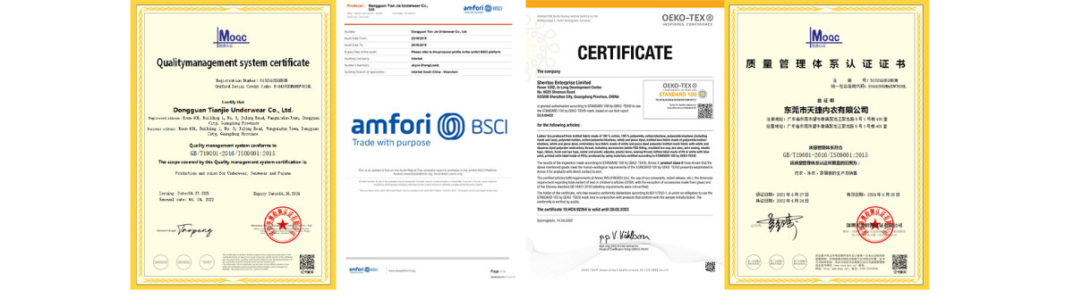 BSCI, ISO and OEKO-TEX certificates of Tianjie Lingerie Factory
