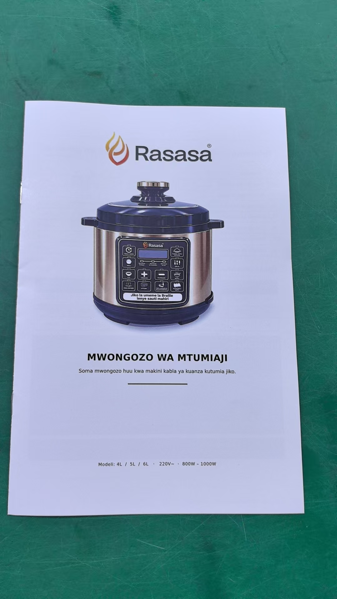 Swahili user manual for an accessible electric pressure cooker