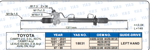 18031  Hydraulic Steering Rack /Steering Gear TOYOTA CAMRY,2.0,3.0L,/6CYL CAMRY 4 cyl LEXUS ES300,3.0l,6cyl AVALON,6cyl