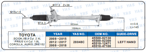 28048C  Hydraulic Steering Rack /Steering Gear TOYOTA SCION,XB,Cyl.2.4L PRIUS V,4 Cyl.1.8L COROLLA,AURIS,ZRE152