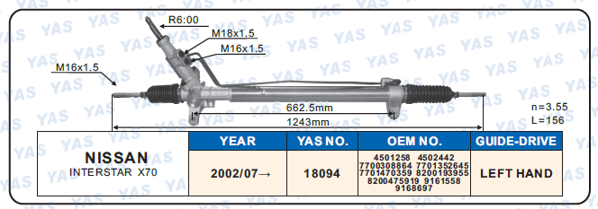 18094 Hydraulic Steering Rack /Steering Gear RENAULT MASTER II FD MASTER II CAJA/CHASIS ED/HD/UD