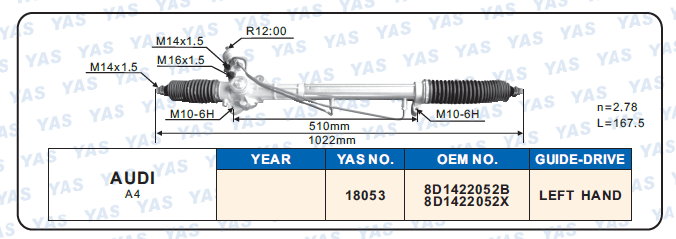 18053 Hydraulic Steering Rack /Steering Gear VOLKSWAGEN PASSAT B5