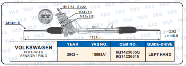 18088A1 Hydraulic Steering Rack /Steering Gear VOLKSWAGEN POLO WITH SENSOR 2 RING