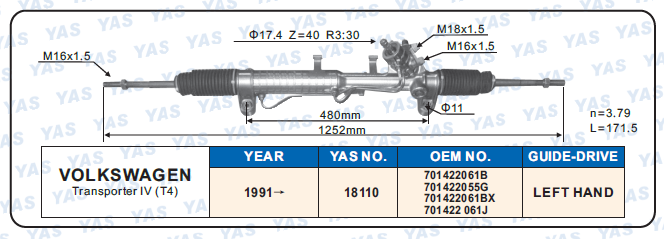 18110 Hydraulic Steering Rack /Steering Gear VOLKSWAGEN Transporter IV (T4)