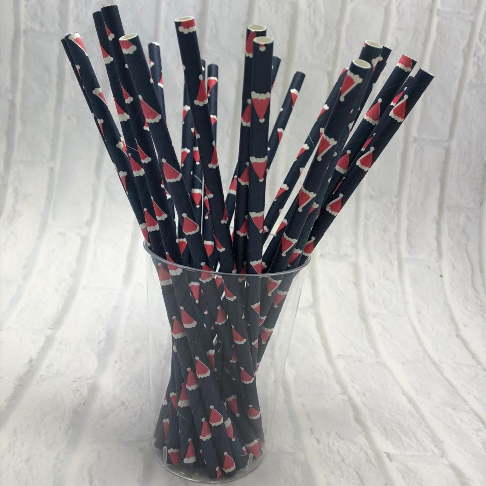 6mm Red Christmas hat on blue Paper Straw