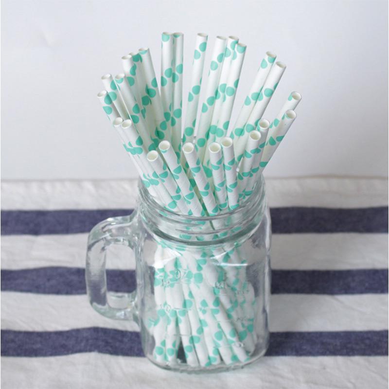 6mm degradable white with big mint green polka dot paper straws