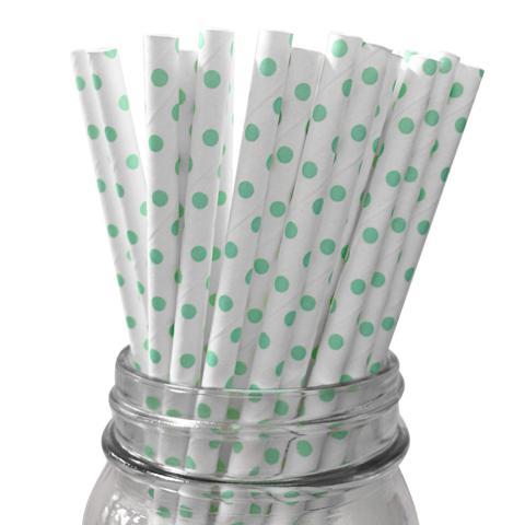 6mm degradable white with big mint green polka dot paper straws