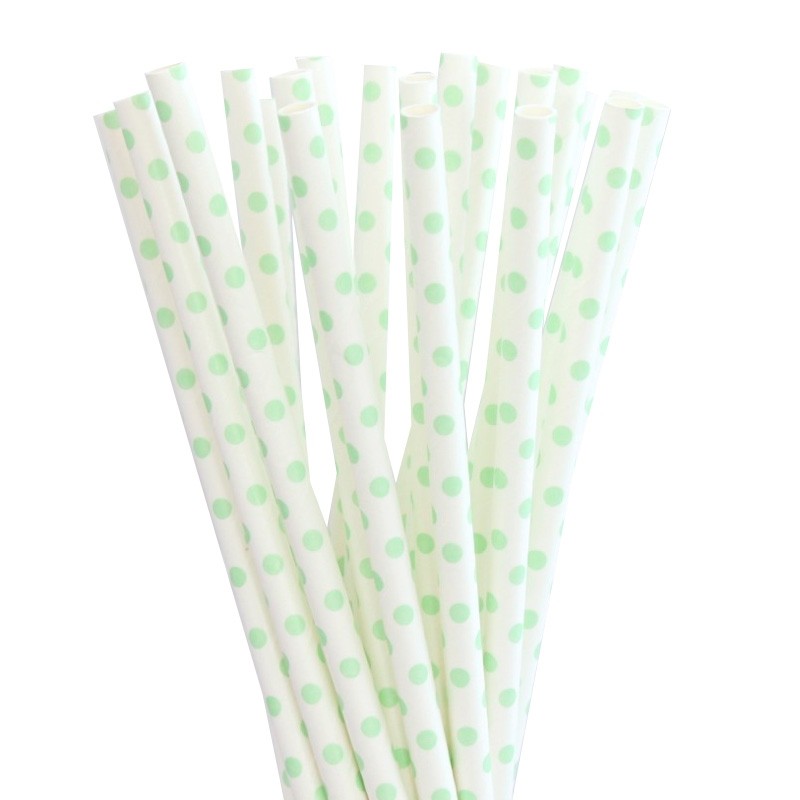 6mm degradable white with big mint green polka dot paper straws