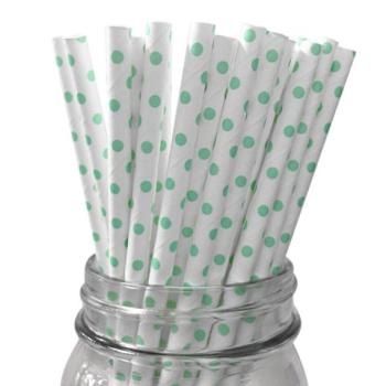 6mm Spuntree high quality  Environmental  Degradable white with big mint green polka dot 6mm Paper Straws