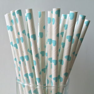 6mm Degradable white with blue heart Paper Straw