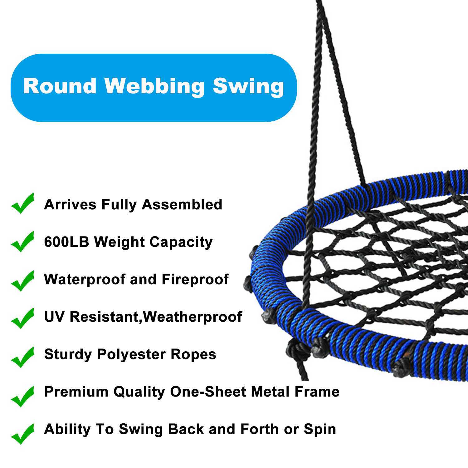 web swing,spider web tree swing for adults,round net swing with frame,PC-MC02 Blue Spider Net Tree Swing Round Web Rope Swing Fun for Multiple Kids or Adult