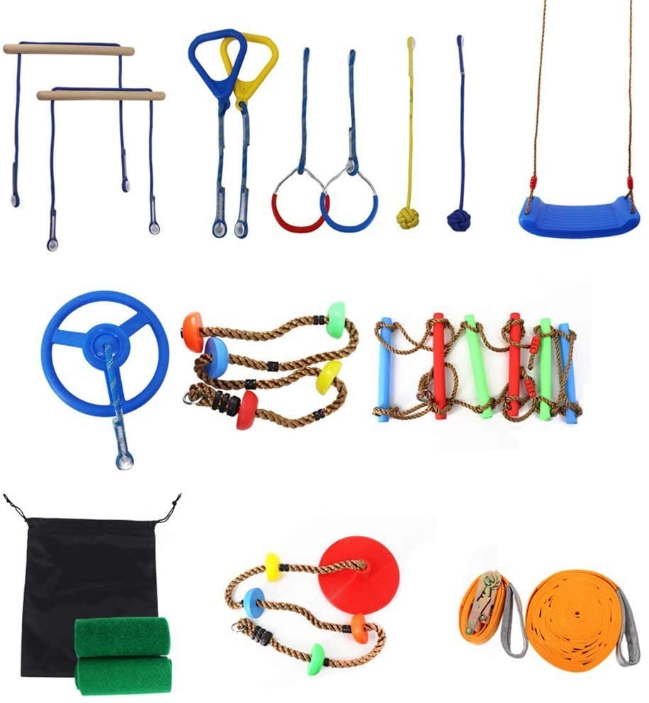 SAFETY FEATURES-we believe in safety first. Our ninja warrior line obstacle course are made of heavy-duty materials, several tiers of quality control throughout the manufacturing process. The max recommended weight is 440lbs. PORTABLE TRANSPORTATION-the Ninja warrior line hanging obstacle course is quick and easy to set up, a convenient carry bag lets you take it wherever you go. You can have your kids staying fit and healthy with the Monkey Line, Perfect for all occasions, such as outdoor birthday parties, forest camping, backyards, park, playground, fitness class and so on. UNIQUE OBSTACLES COURSE-the ninja warrior line slackline kit provides a fun experience that challenges kids while helping them grow. The ninja line kit set includes Ratchet line(2“width)*1, Slackline webbing(50ft 2“width), Ratchet line(1“width)*1, Slackline webbing(50ft 1“width), Auxiliary line X1, Bag X1, Monkey bar X1, Wooden ball X2, Triangle ring X4, Petal swing X1, Ladder X1, Swing X1, Tree Protectors X2, Square Buckles Set X13(Add waterproof coating), Locking Delta Clips X13. Ratchet-Tight Technology-The new Ratchet-Tight Technology you will never have your kid's feet dragging on the ground as they play! Rubber coated gymnastic ring, and industrial-strength ratchet for max security, you can use the ratchet to tighten the webbing as much as possible, and don’t worry about the webbing breaking. Our webbing can withstand the breaking strength of 1.8-2 tons. Friendly reminder: installation requires parental supervision.