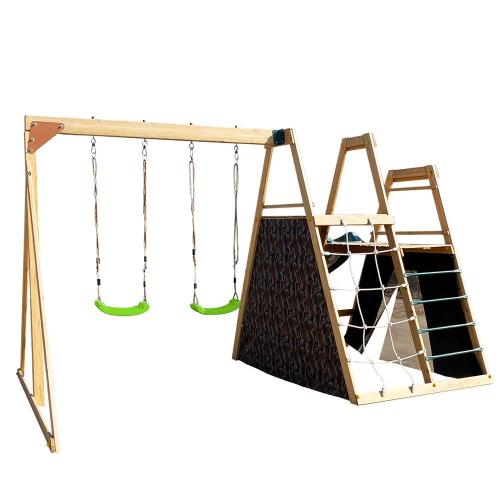 Outdoor Wooden Swing Set with Climbing Net and Slide