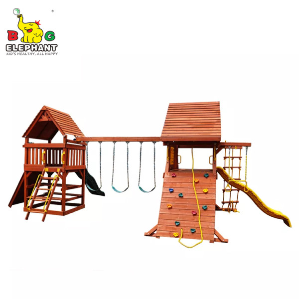 seguridad al aire libre madera doble centro de juegos tobogán columpio conjunto para niños | Juegos de juego personalizados de fábrica