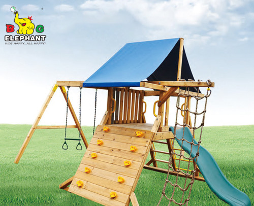 TPC-Wooden Playground Outdoor Swing Set Playsets with Climbing Net for Kids