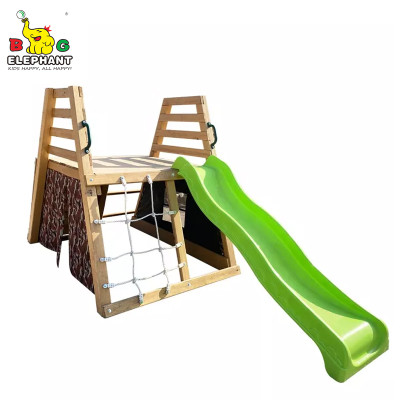Wooden Playground Slide Set with Climbing Rope and Swing for Kids