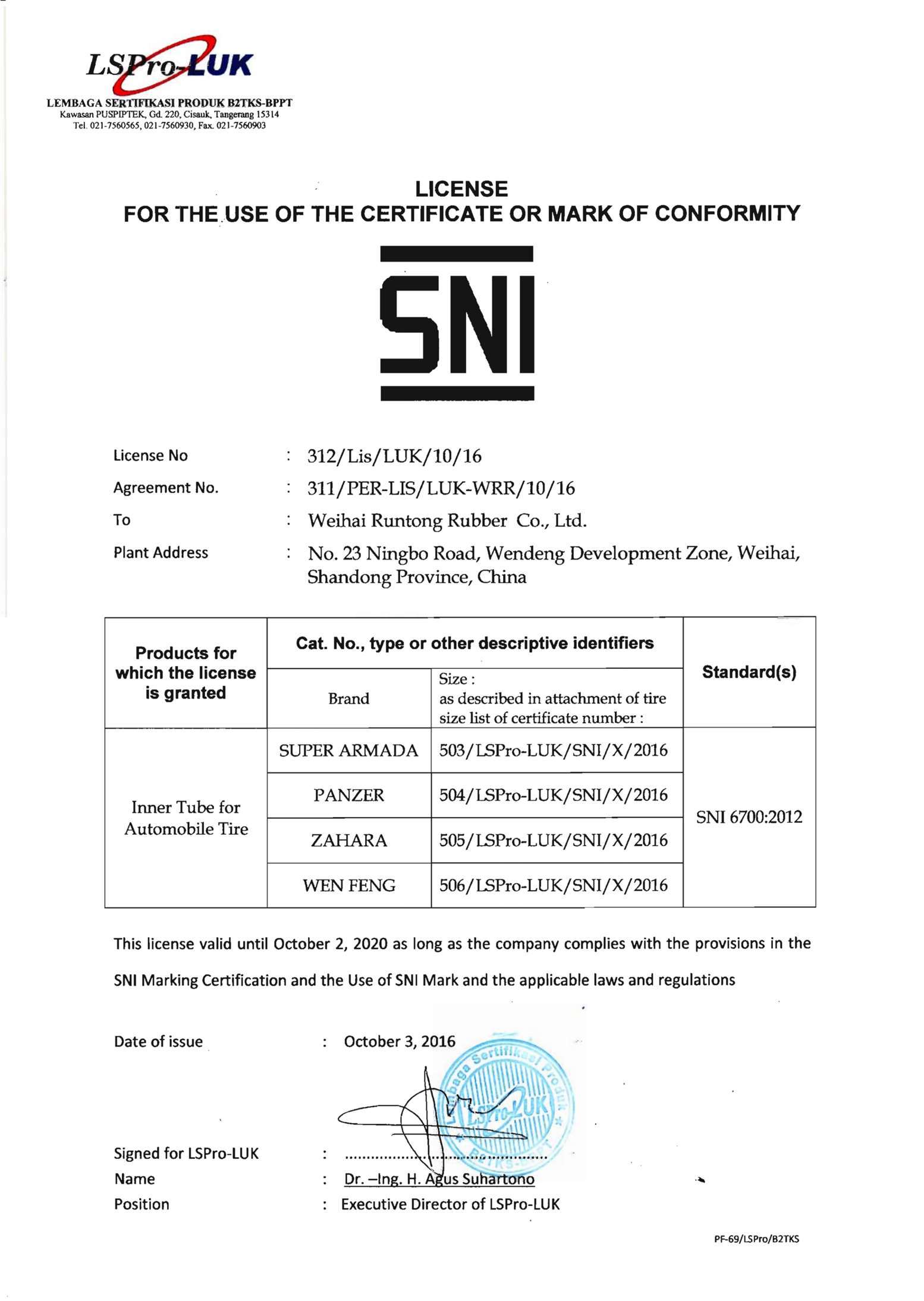 SNI 6700:2012 LICENSE FOR THE USE OF THE CERTIFICATE OR MARK OF CONFORMITY