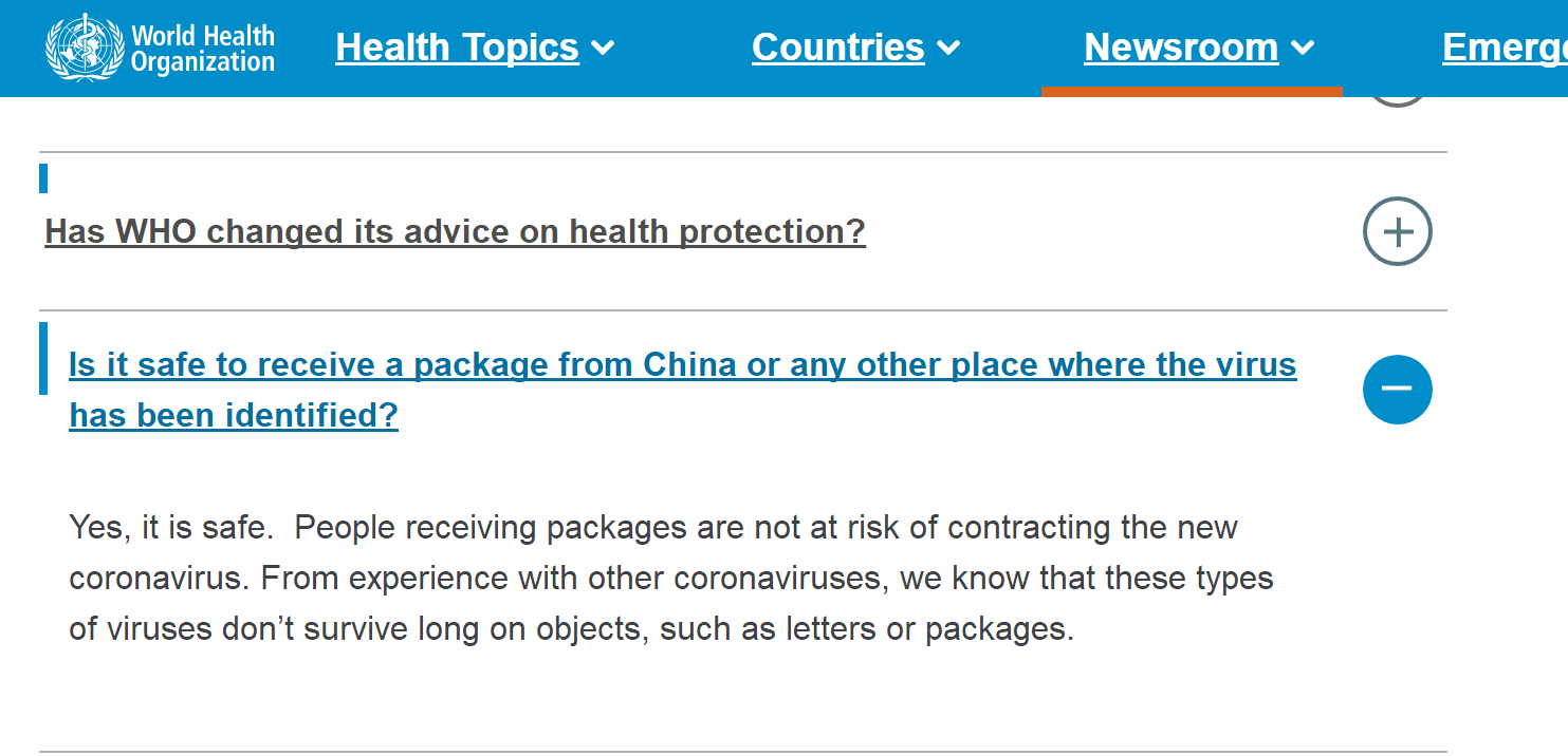 Is it safe to receive a letter or a package from china
